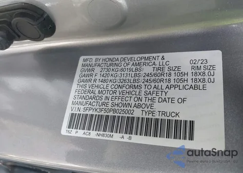 2023 Honda Ridgeline Rtl из США, поврежденный, VIN 5FPYK3F50PB025002